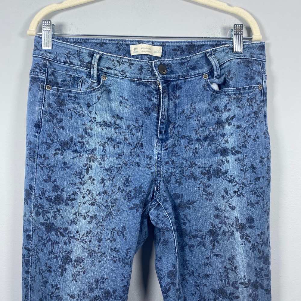J. Jill Weekender Straight Leg Jeans Womens 10 Blue Floral Print Denim Pants - Picture 2 of 7